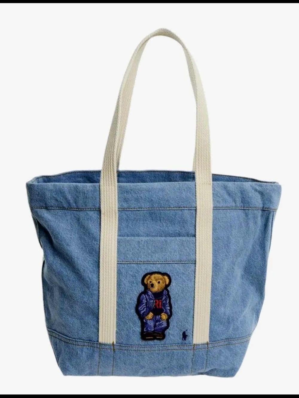 Ralph Lauren Denim Bear Tote Bag in Light Blue with Cream Straps
